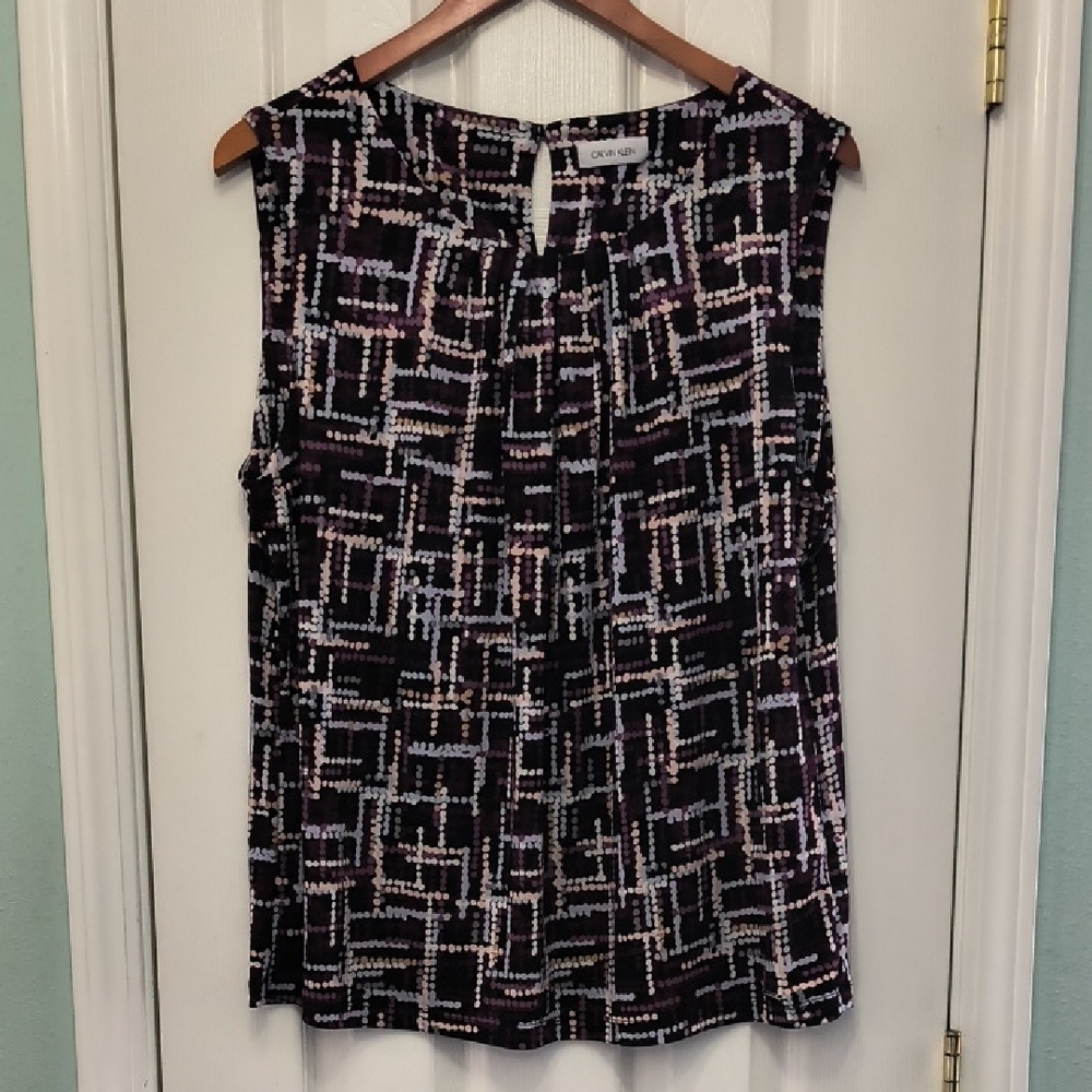 Calvin Klein Black Purple and White Sleeveless Blouse